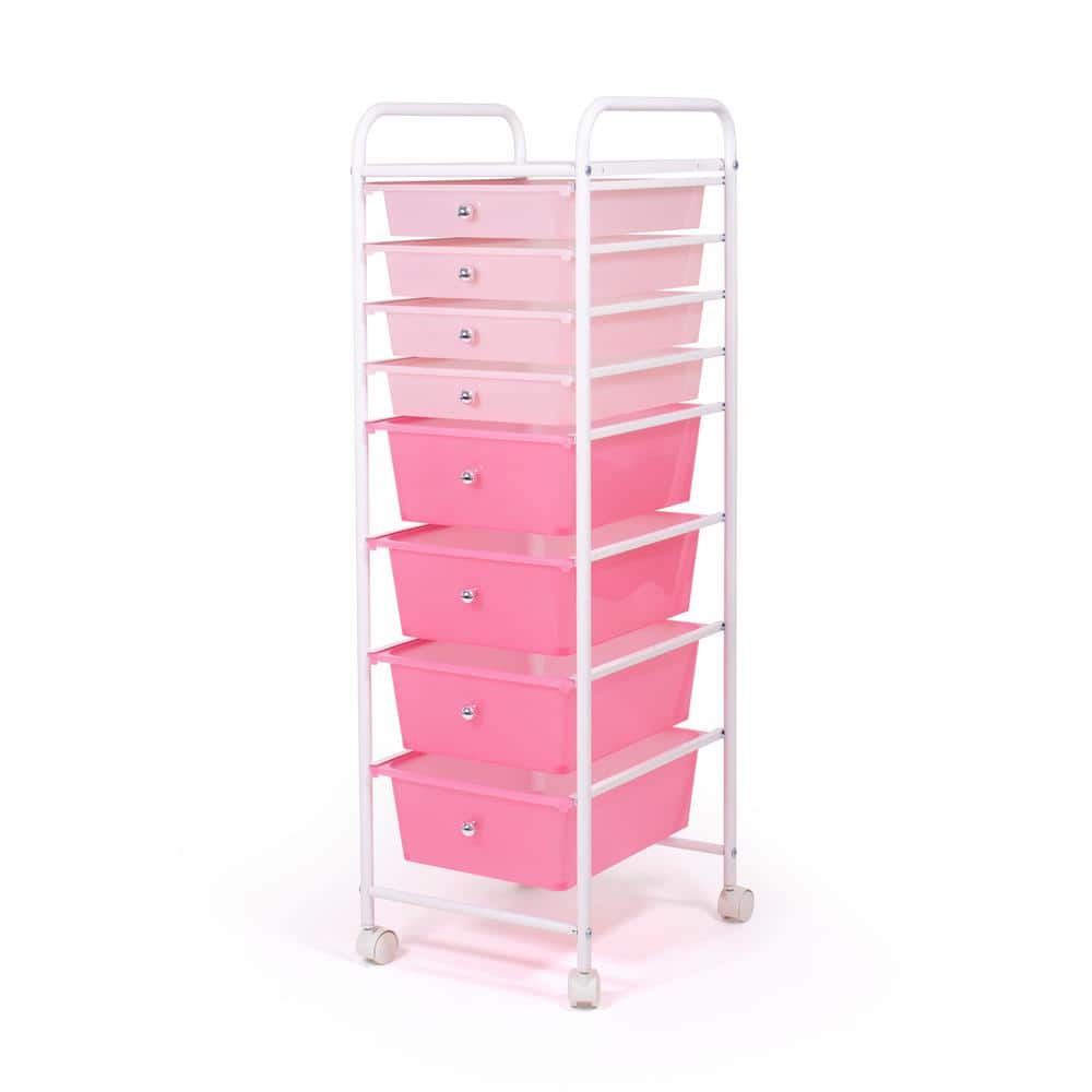 Essentials 8-Plastic Drawer Rolling Storage Cart with Wheels in Pink, 13 in. W x 14 in. D x 41 in. H - Hercitys