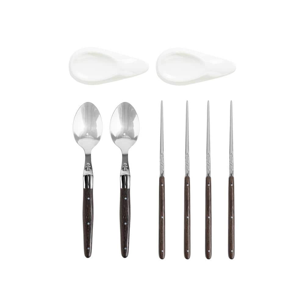 French Home Wenge Wood Chopsticks, Laguiole Spoons, and Ceramic Rests, Set of 2-Pairs - Hercitys