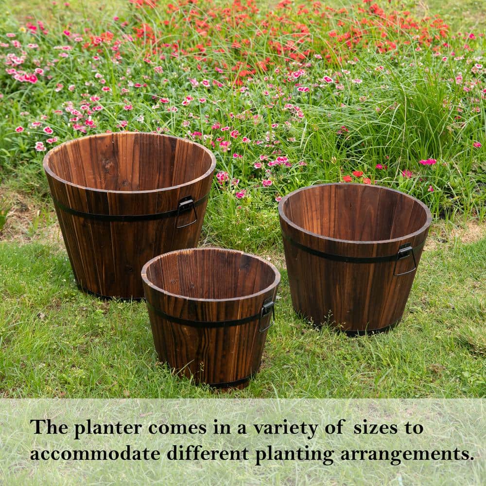 Rustic Wooden Whiskey Barrel Planter with Durable Medal Handles and Drainage Hole – Set of 3 - Hercitys