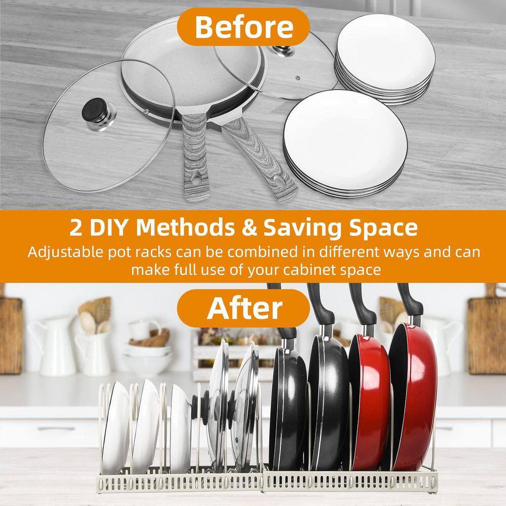 Iron Standing Expandable Pot Rack and Pan Organizer for Cabinet, 10 Adjustable Compartments in White - Hercitys