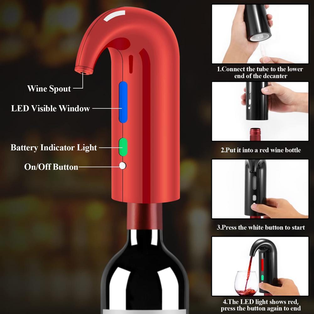 Red Electric Wine Bottle Opener Set with Wine Decanter, Aerator and Pourer, Stopper, Foil Cutter and Storage Bag - Hercitys