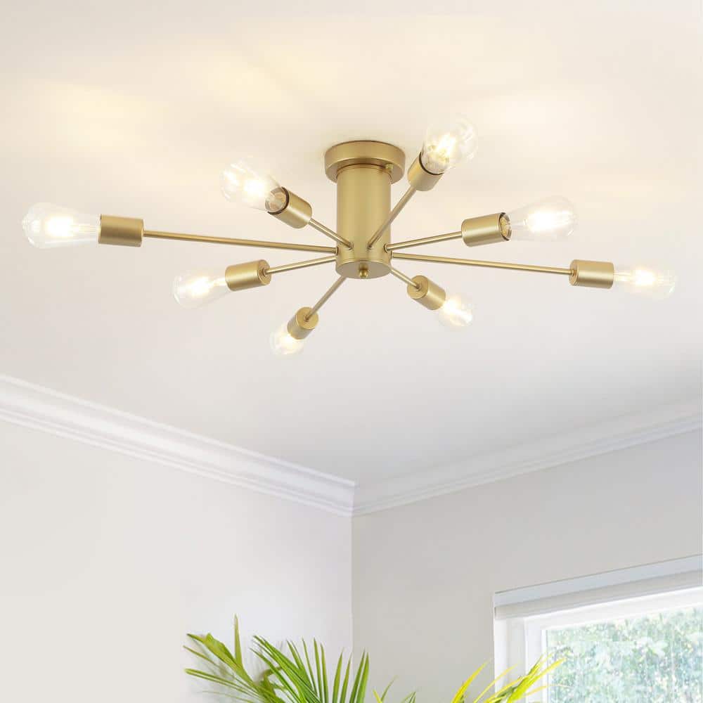 Theis 30.12 in. 8-Light Gold Semi Flush Mount Sputnik Chandelier Linear Ceiling Mount Light for Bedroom Dining Room - Hercitys