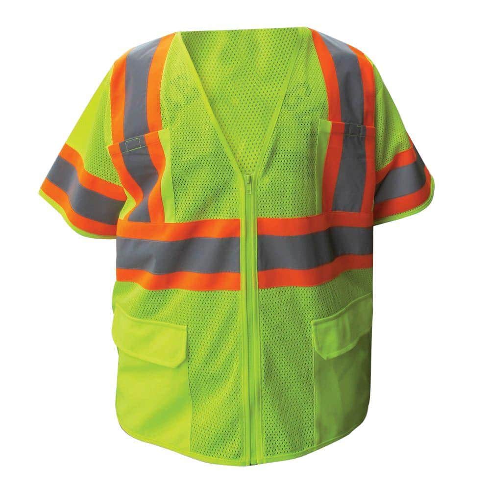 Size Extra-Large Lime ANSI Class 3 Poly Mesh Safety Vest with 4 in. Orange and 2 in. Silver Retro Reflective Striping - Hercitys