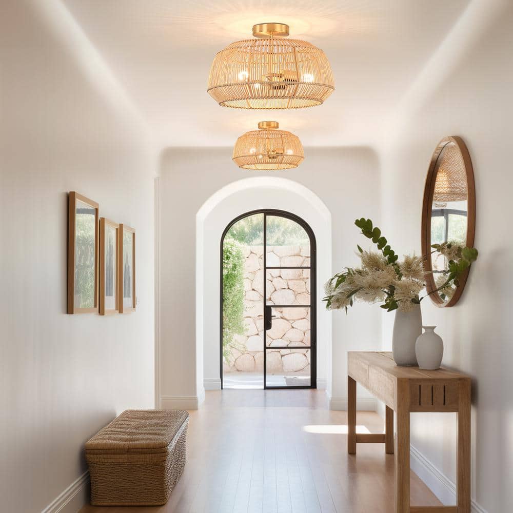 Rhett 16 in. 3-Light Coastal Rattan Semi-Flush Mount Ceiling Light - Hercitys