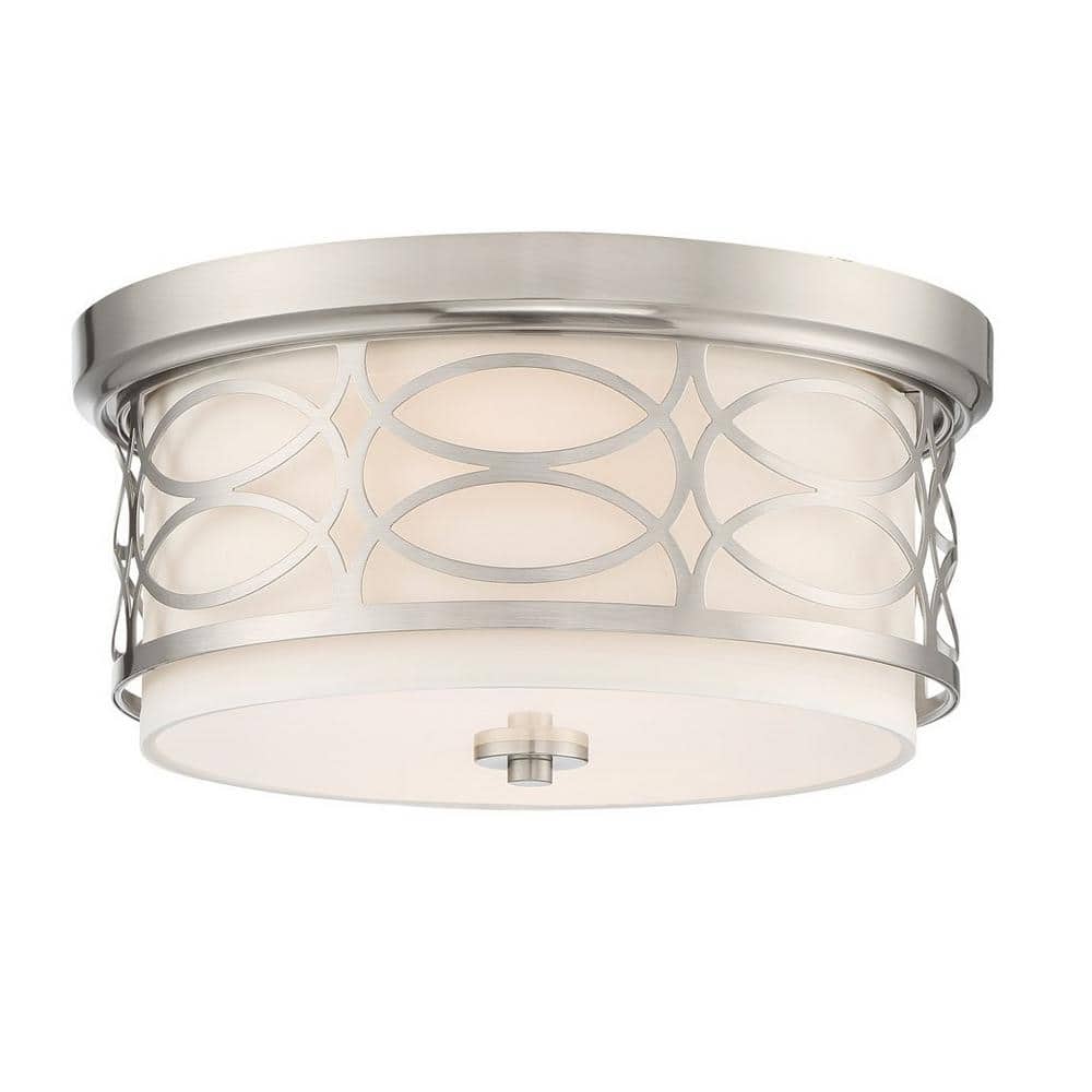 Sienna 13 in. 60-Watt 2-Light Brushed Nickel Modern Flush Mount with White Shade - Hercitys