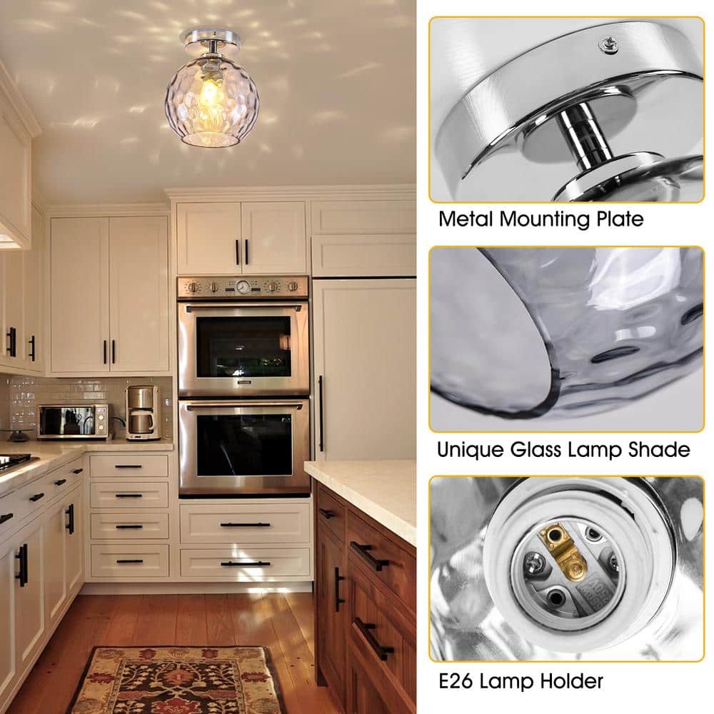 Nox 8 in. Chrome 1-Light Semi-Flush Mount Light with Smoky Stone Pattern Glass Round Shade and E26 Base (No Bulbs) - Hercitys