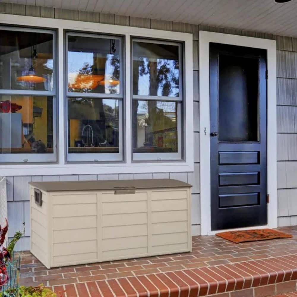 75 Gal. Outdoor Garden Plastic Storage Deck Box Chest Tools Cushions Toys Lockable Seat - Hercitys