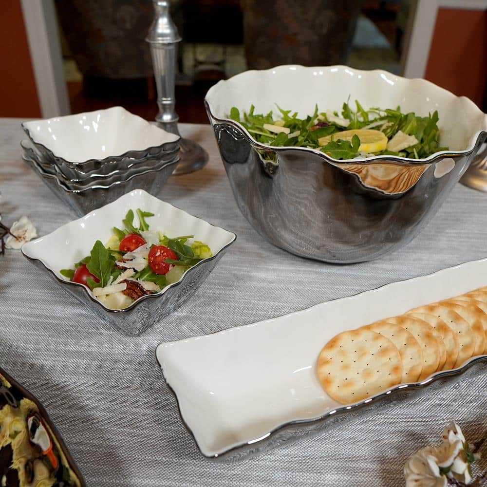 Silver Coast 3.5 in. x 2.25 in. x 13 in. Silver Porcelain Serving Tray - Hercitys