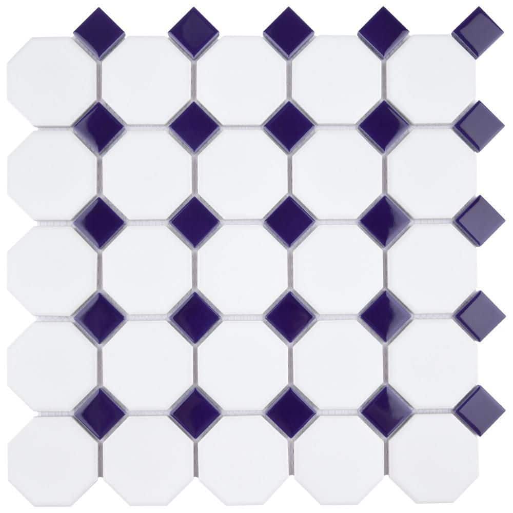 Metro Octagon Matte White with Cobalt Dot 11-1/2 in. x 11-1/2 in. Porcelain Mosaic Tile (9.4 sq. ft./Case) - Hercitys