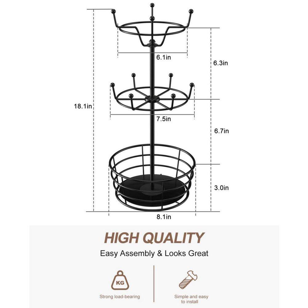 Rotatable Metal Coffee Mug Rack, 3-Tier Black Mug Tree with 10 Hooks Cup Pods abd Saucer Basket - Hercitys