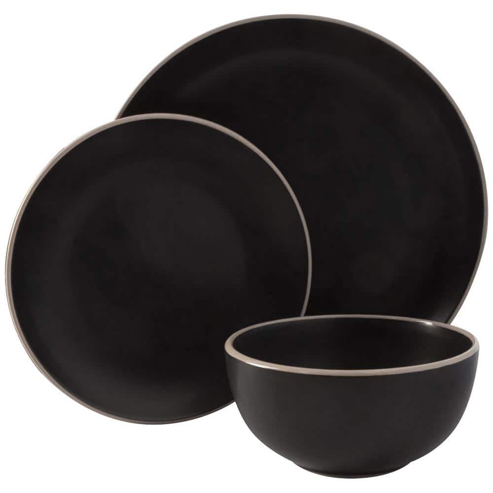 Rockaway 12-Piece Stoneware Dinnerware Set in Black - Hercitys