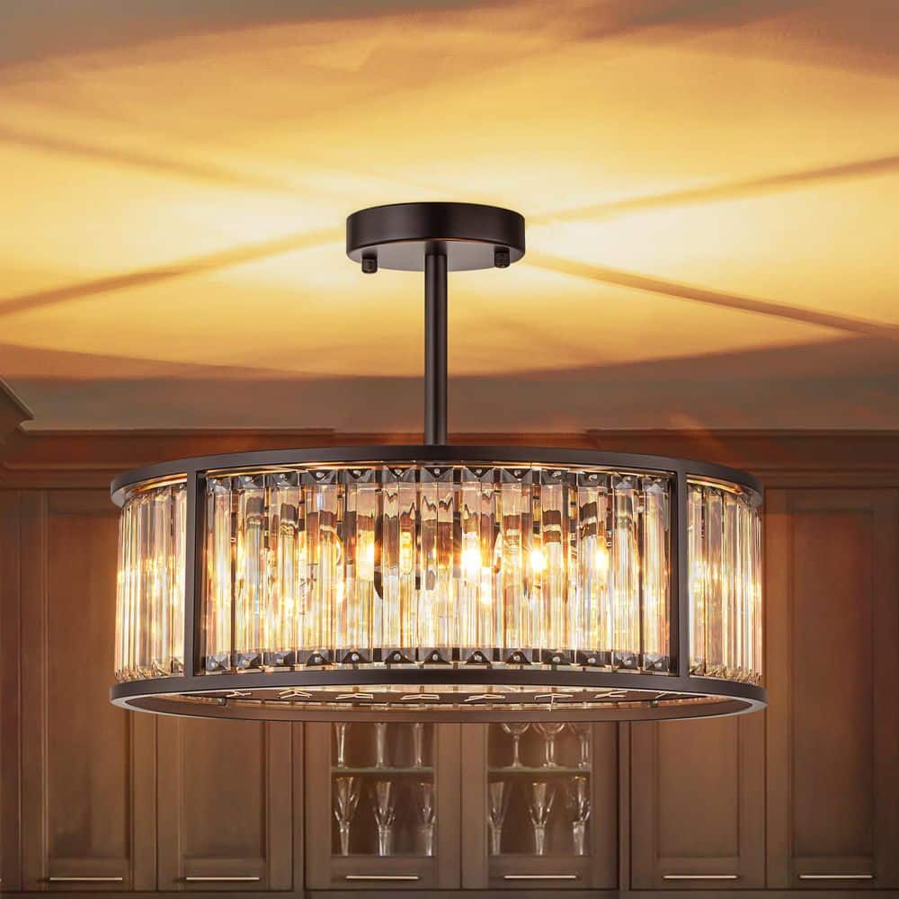 Rincon 17 in. 4-Light Matte Black Cylinder Drum Crystal Semi-Flush Mount Light with Shade - Hercitys