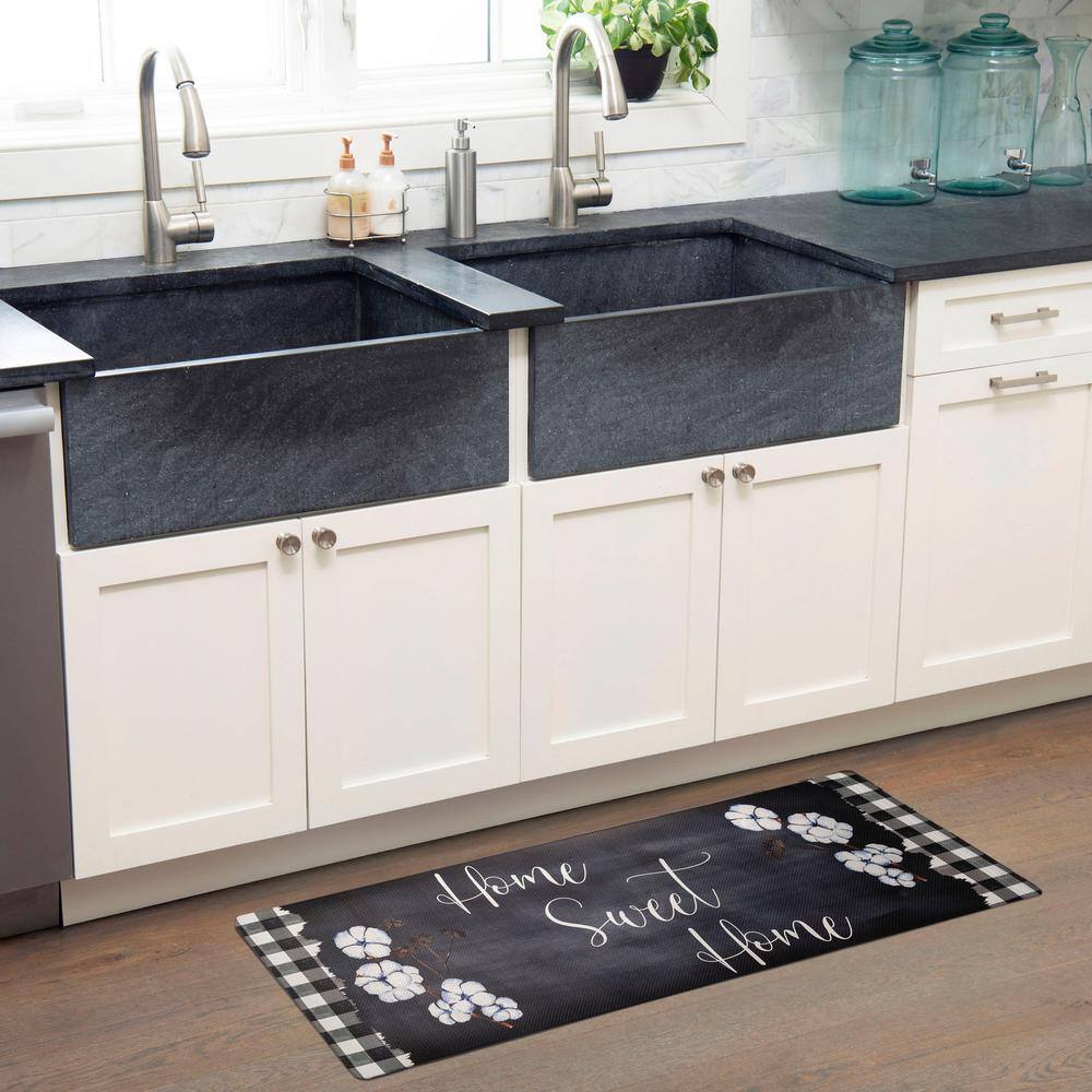 Cozy Living Home Sweet Home Buffalo Check Border Black 17.5 in. x 55 in. Anti Fatigue Kitchen Mat - Hercitys