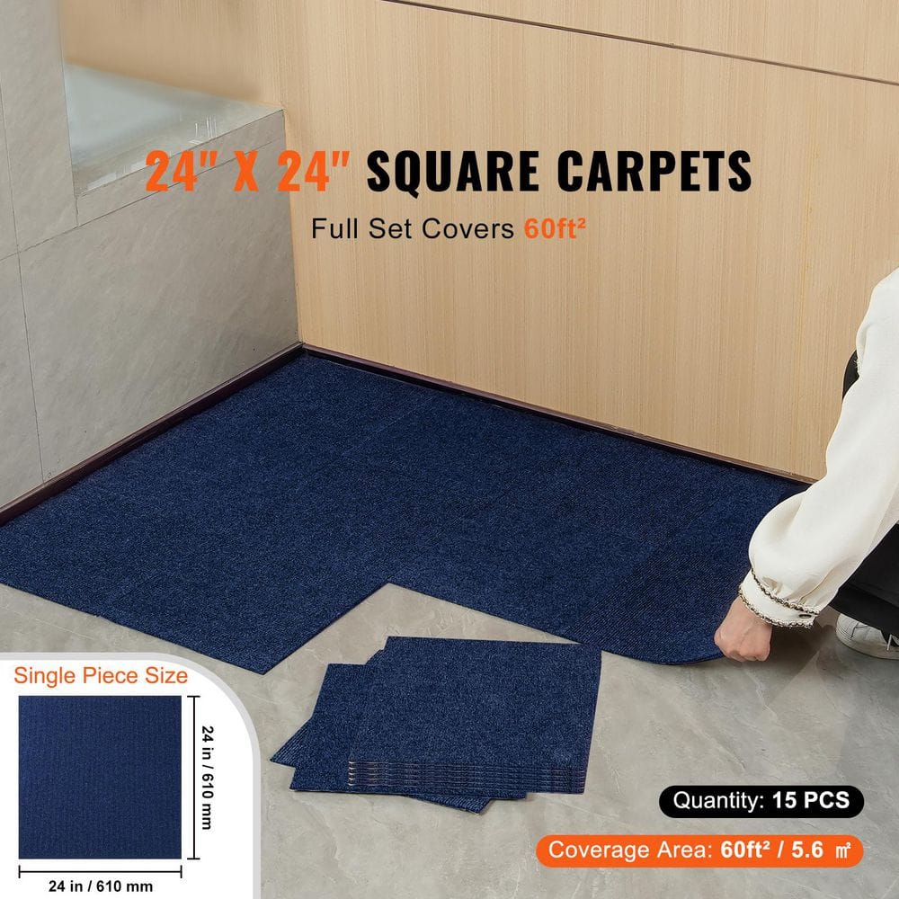 Dark Blue 24 in. x 24 in. in Peel and Stick Carpet Tiles Squares 60 sq. ft. Easy Install DIY 15 Tiles - Hercitys