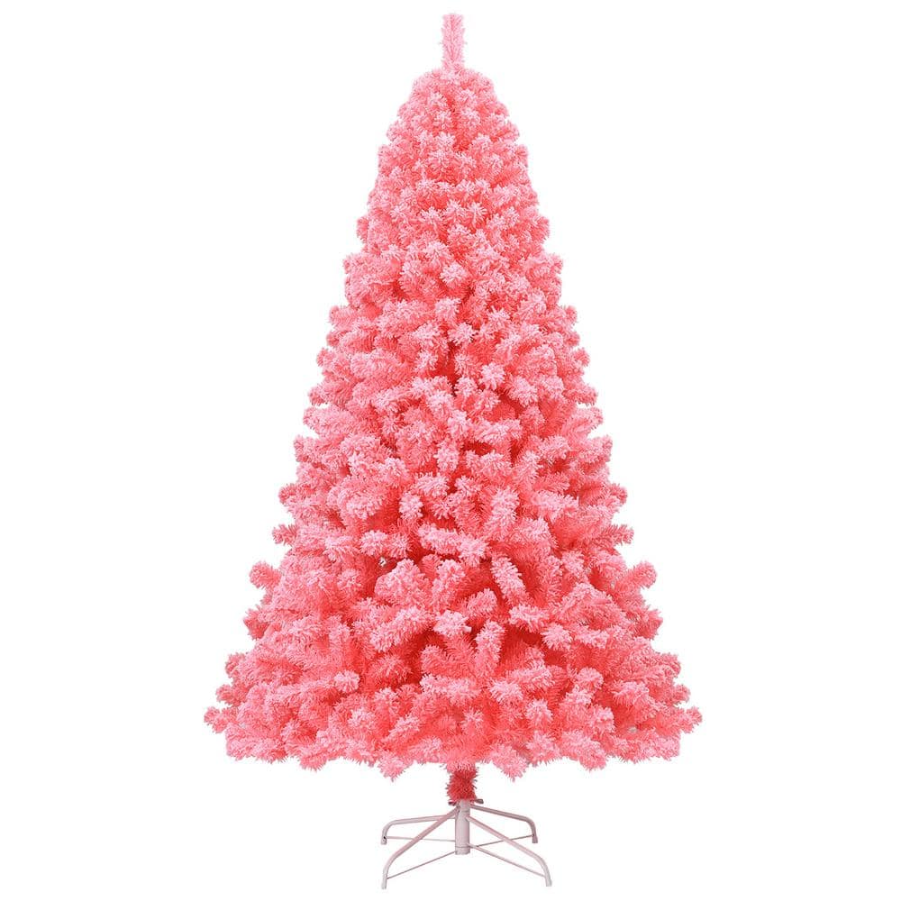 7.5 ft. Pink Snow Flocked Hinged Artificial Christmas Tree with Metal Stand - Hercitys