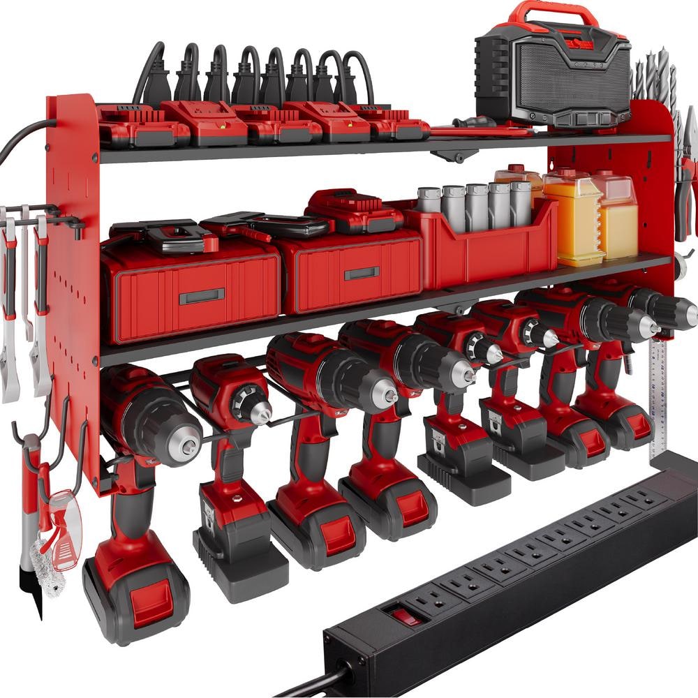 Power Tool Organizer- 8 Drill Wall Mount with Charging Station, Red - Hercitys