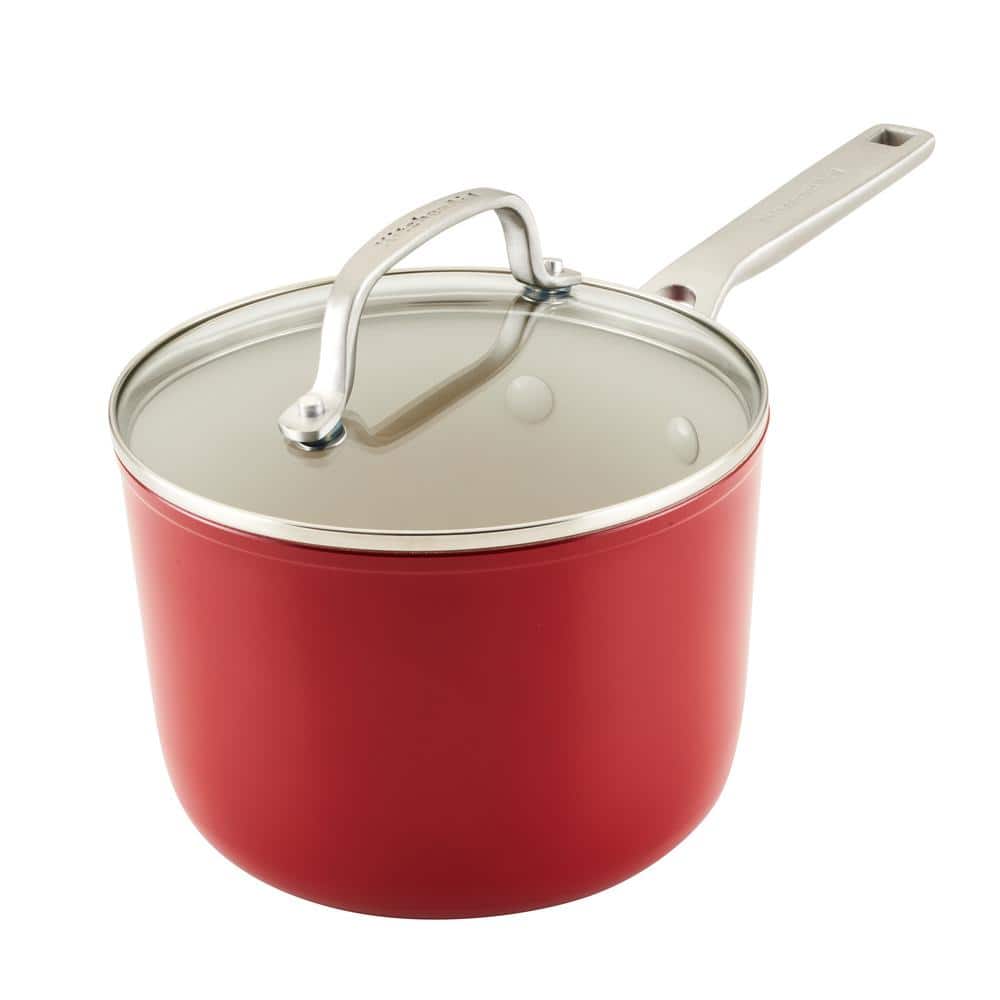 Hard Anodized 3 qt. Aluminum Ceramic Nonstick Saucepan in Empire Red - Hercitys