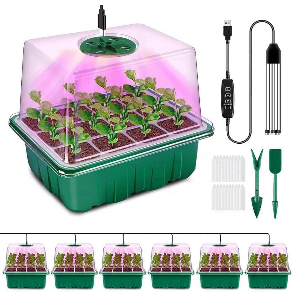 6-Pack Seed Starter Tray Kit w/ Full Spectrum LED Grow Lights Adjustable Brightness Timer Humidity Domes Heightened Lids - Hercitys