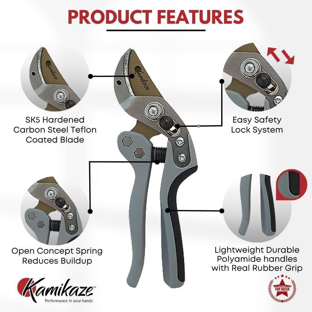 8.26 in. Anvil Pruning Shears with SK-5 Hardened Steel Blade 1 in. Cut Capacity and Professional Grade Non-Slip Handle - Hercitys