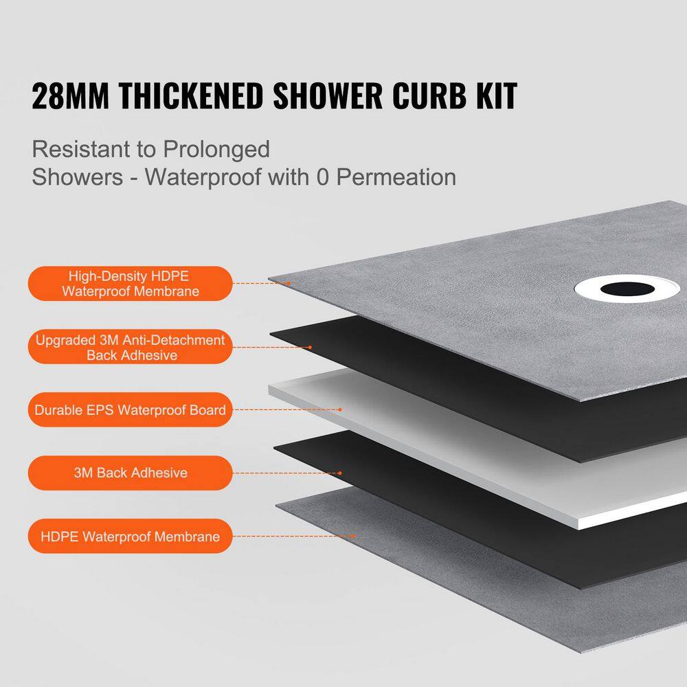 Shower Curb Kit, 38 in. W x 60 in. L Shower Kit with PVC Flange, 6.3 in. Central Drain, Lightweight EPS Shower - Hercitys