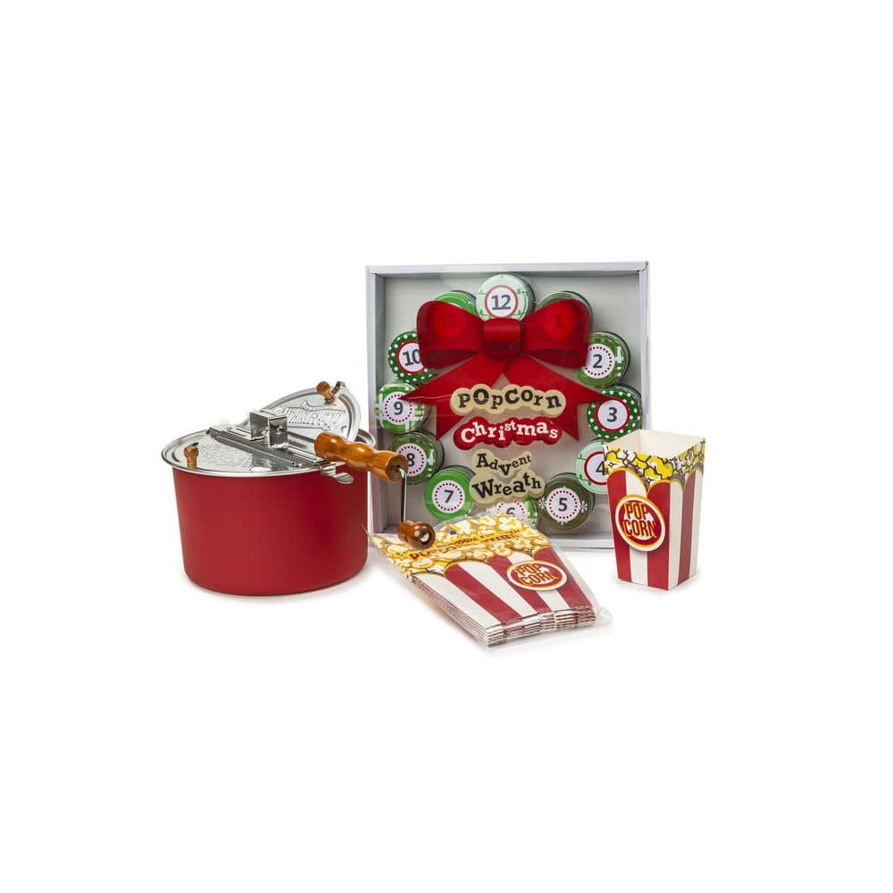 6 qt. Aluminum Red Stovetop Popcorn Popper with 12-Days of Popcorn Christmas Advent Calendar and Pop Open Tubs - Hercitys