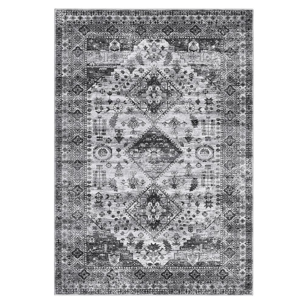 Vintage Grey Black, 5 ft. x 7 ft. Floral Carpet Oriental Distressed Rug Washable Rug Low Pile Non-Slip Area Rug - Hercitys