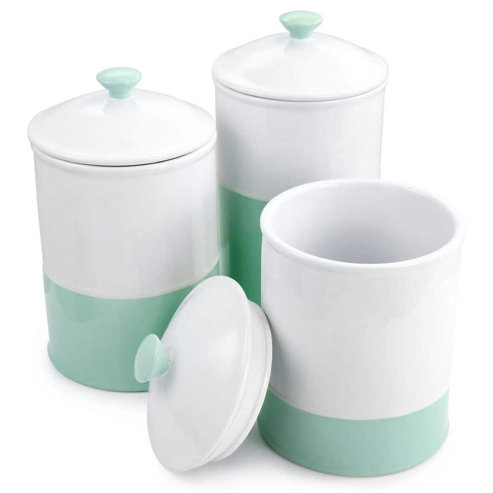 Stoneware Ceramic Canister and Lid 3-Piece Set in Mint and White - Hercitys