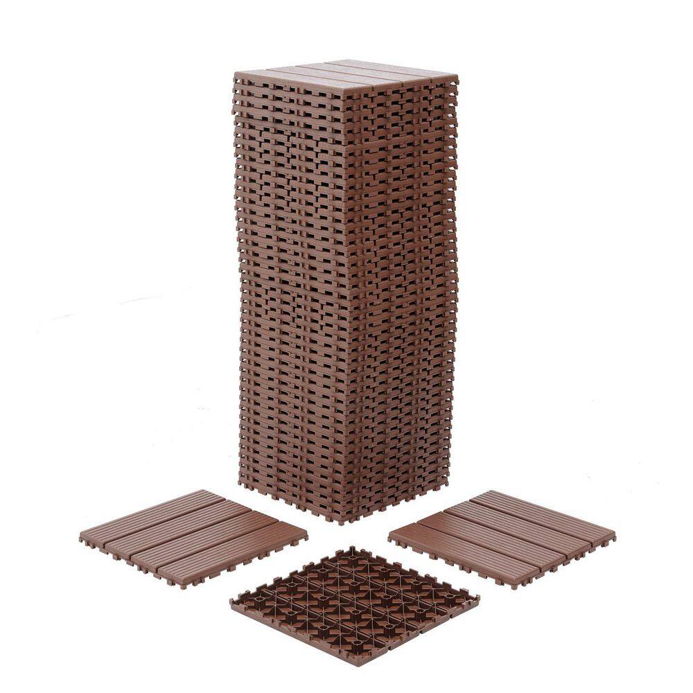 Plastic Floor Pavers Interlocking Deck Tiles 12 in. x 12 in. Striped Pattern Deck Tile in Brown 0.8 in. H (44-Pack) - Hercitys