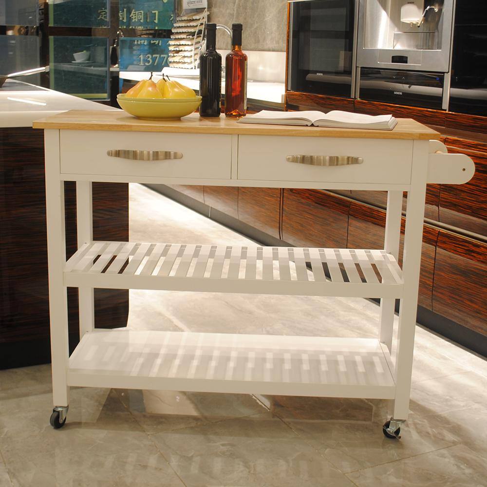 White Wood 45 in. Kitchen Island with 2-Lockable Wheels - Hercitys
