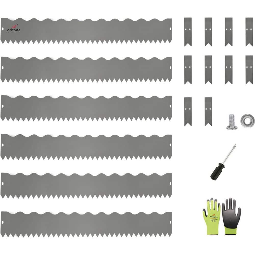 6-Pack 40 in. L x 6 in. H Quartz Grey Steel Garden Landscape Edging, Lawn Border with Gloves and 10 Stakes(Wavy Edge) - Hercitys