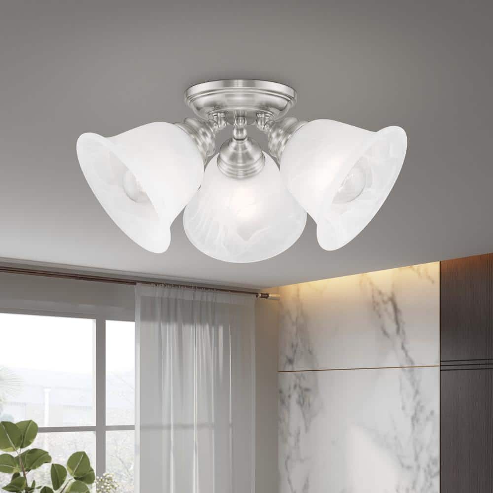 Woodside 14.5 in. 3-Light Brushed Nickel Industrial Semi Flush Mount with Alabaster Glass and No Bulbs Included - Hercitys