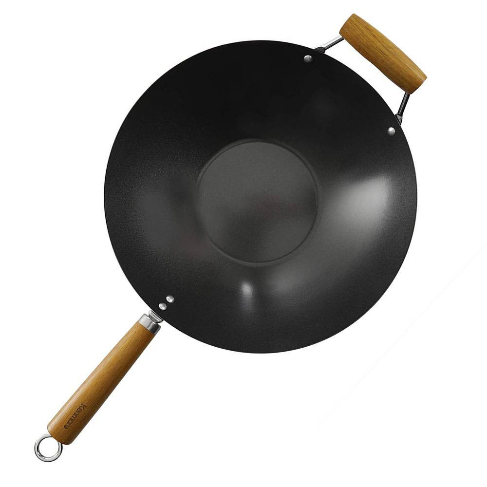 Large 14 in. Black Carbon Steel Non-Stick Gas Wok with Wook Handles - Hercitys