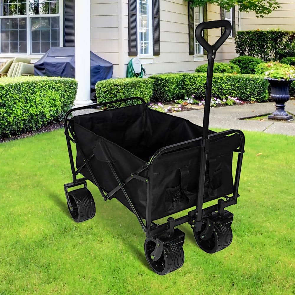 7 cu. ft. Black 100L Collapsible Folding Beach Wagon Cart with 220 lbs. Large Capacity, Metal Garden Cart - Hercitys