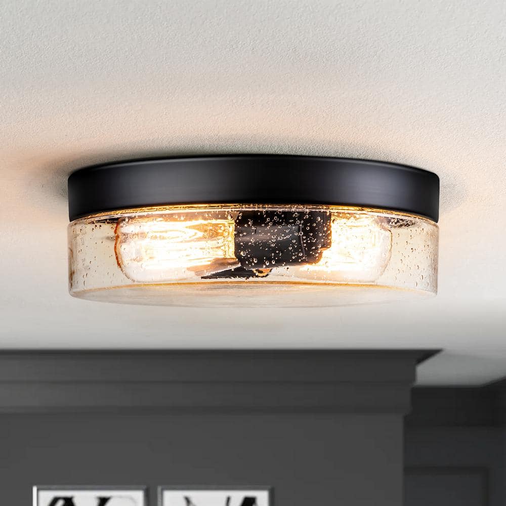 Waveland 2-Light Black 11.2 in. Flush Mount Mid-Century Rustic with Seeded Glass Shade - Hercitys