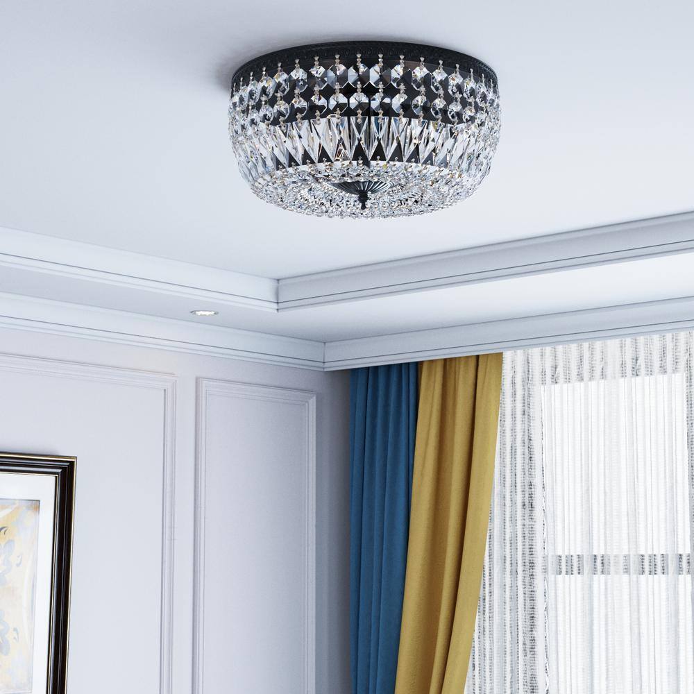 Portland 11.8 in. Black Modern Glam 3-Light Flush Mount with Clear Crystal Shade - Hercitys