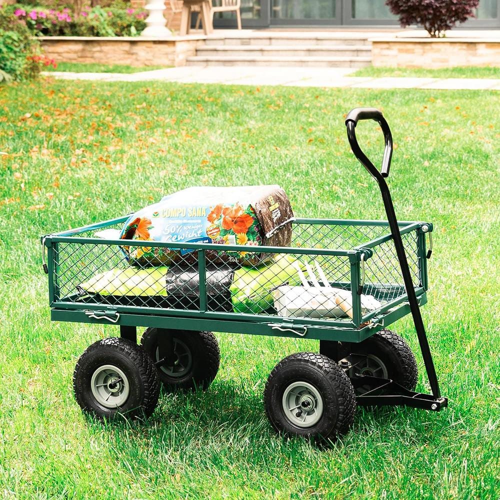 Steel Garden Cart Steel Mesh Removable Sides 3 cu. ft. 550 lbs.. Capacity in Green - Hercitys