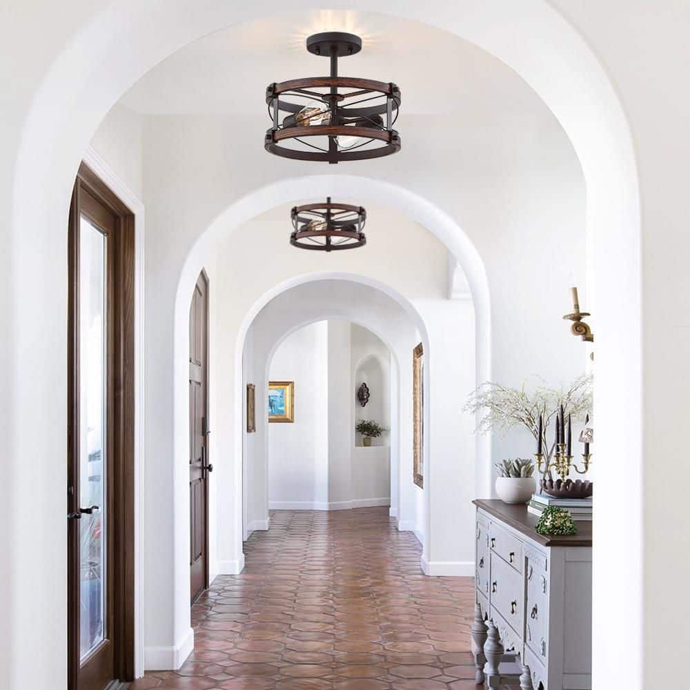 Richwood 15 in. 2-Light Black and Vintage Wood Rustic Semi-Flush Mount Ceiling Light - Hercitys