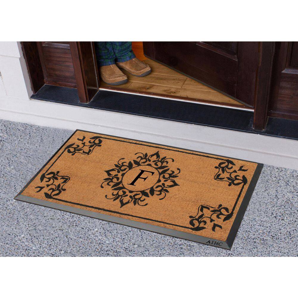 A1HC Beige 24 in. x 48 in. Rubber and Coir Hand-Crafted Outdoor Durable Monogrammed F Door Mat - Hercitys