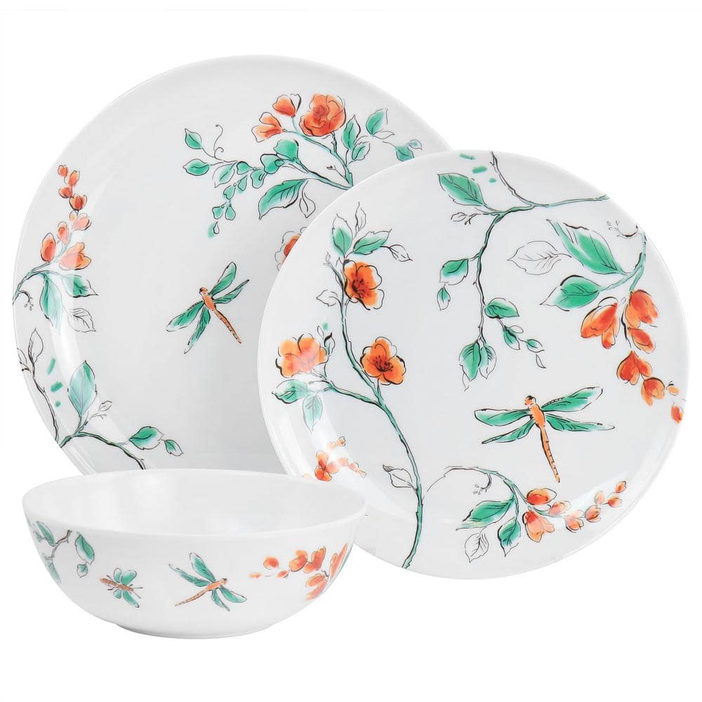 Martha Stewart 12 Piece Dragonfly Melamine Dinnerware Set in White Service for 4 - Hercitys