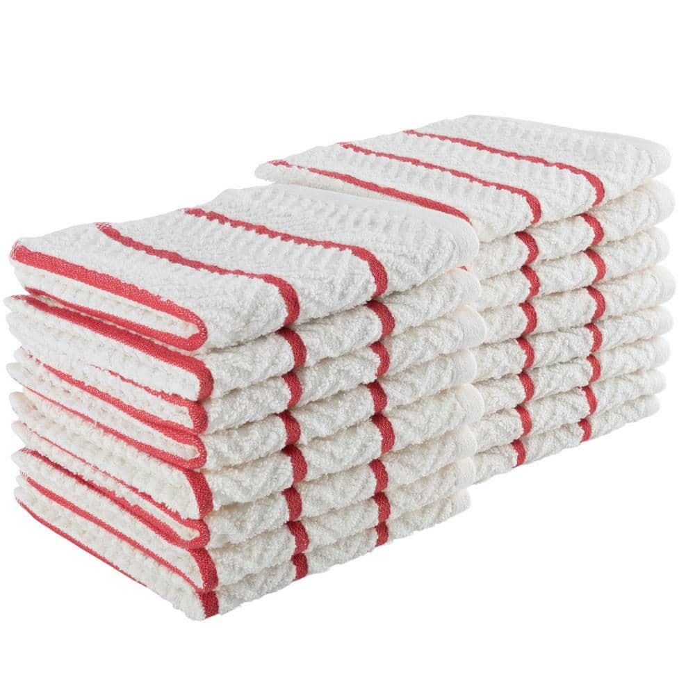 Cotton Dish Cloths 16 Pack – 12 x 12 Dish Cloths for Washing Dishes, Scrubbing, and Drying -Solid White with Red Stripes - Hercitys