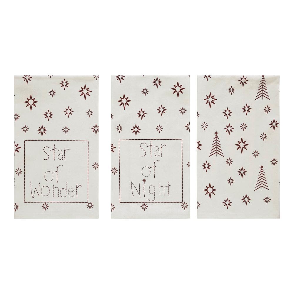 Star of Wonder Cream Burgundy Seasonal Primitive Christmas Cotton Kitchen Tea Towel Set (Set of 3) - Hercitys