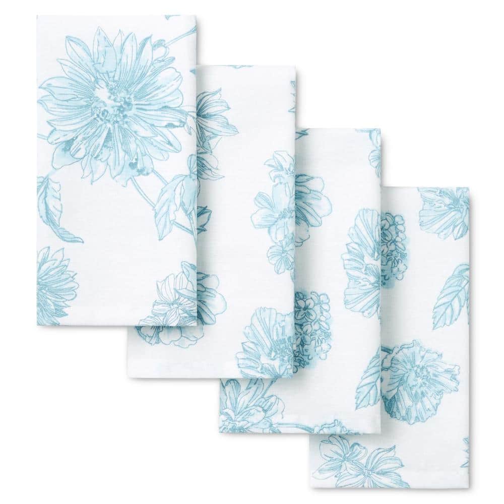 Botanical Floral White/Blue 19 in. x 19 in. Napkin Set (4-Pack) - Hercitys