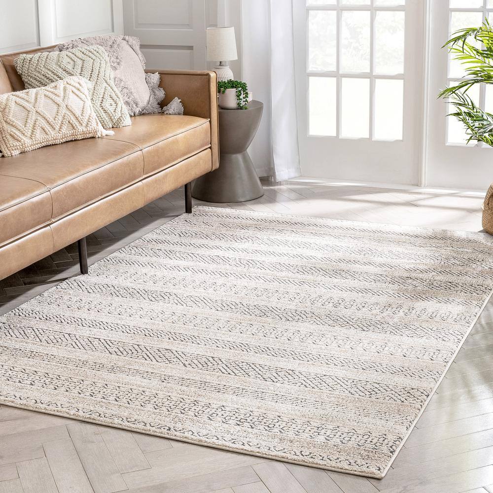 Malaga Fresco Tribal Geometric Beige 5 ft. 3 in. x 7 ft. 3 in. Distressed High-Low Area Rug - Hercitys