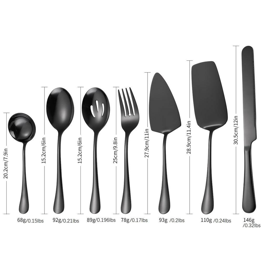 7-Piece Black Stainless Steel Flatware Serving Set Catering Utensils Include Soup Ladle, Slotted Spoon and Server Fork - Hercitys