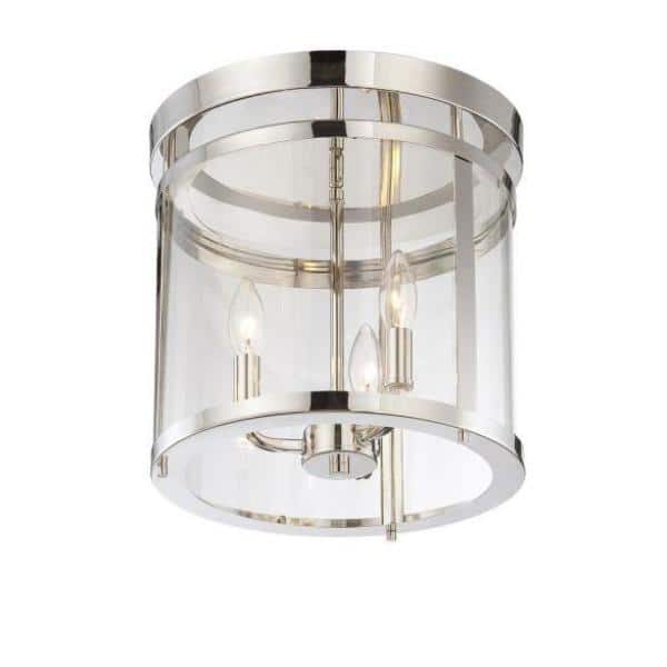 Penrose 12.5 in. W x 14 in. H 3-Light Polished Nickel Semi-Flush Mount Ceiling Light with Clear Glass Cylindrical Shade - Hercitys