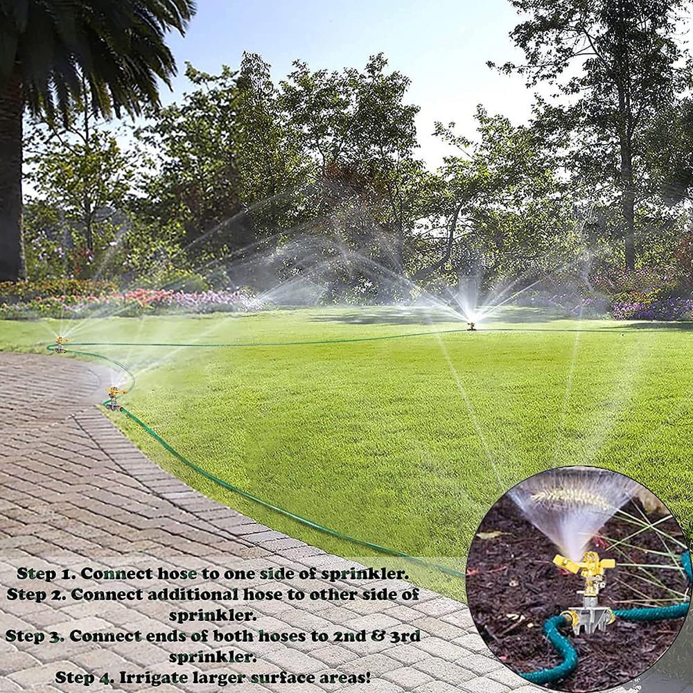 Brass Lawn Water Sprinkler, All Brass Sprinkler Head, Solid Aluminum Stake, 2 Rubber Ring Connectors, 360° Pattern - Hercitys