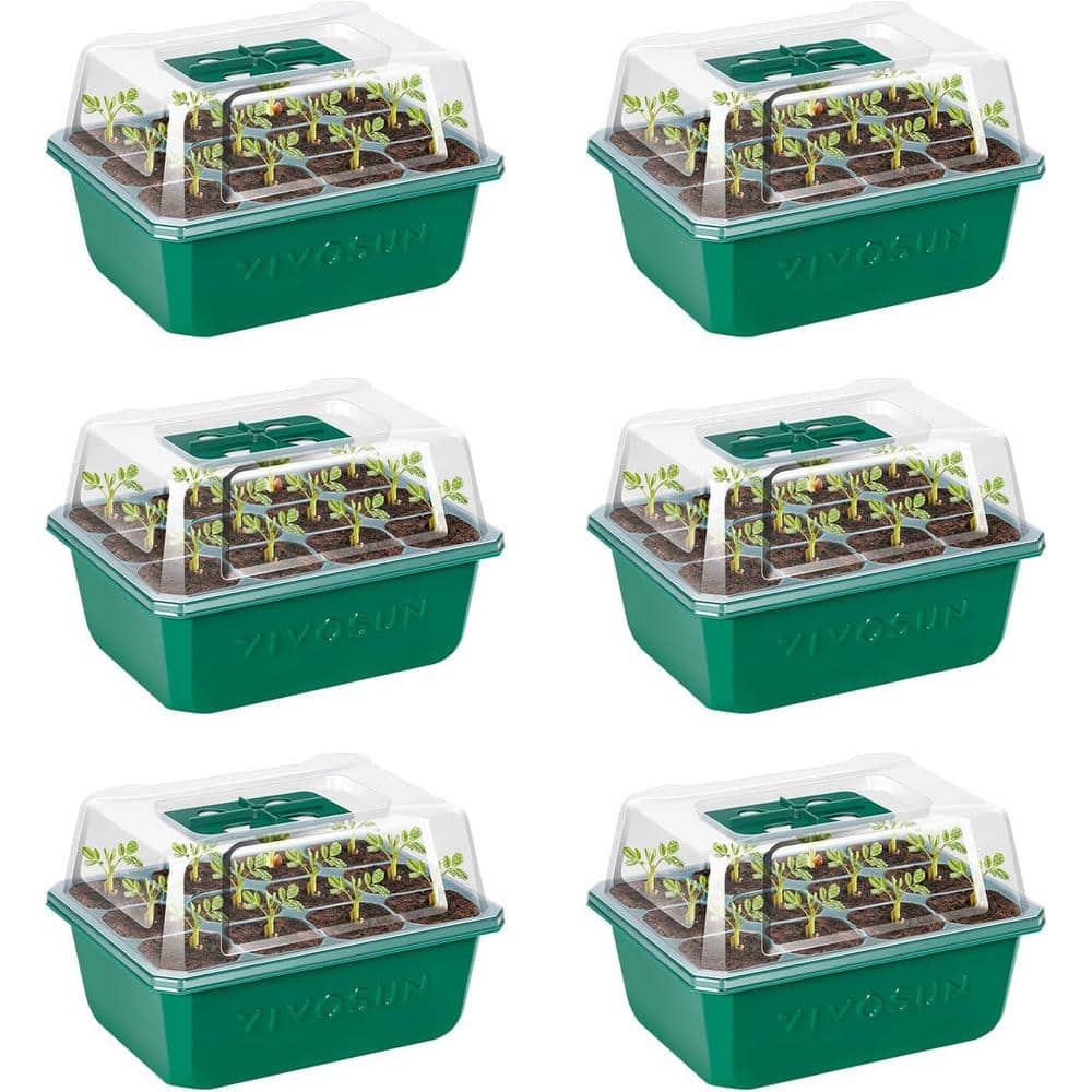 Indoor/Outdoor Reusable 72-Cell Seed Starter Kit Trays with Humidity Dome, Drain Hole (6-Pack) - Hercitys