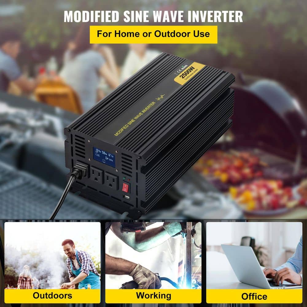 Power Inverter 2500W Modified Sine Wave Inverter DC 12-Volt to AC 120V Car Converter with LCD Display, Remote Controller - Hercitys