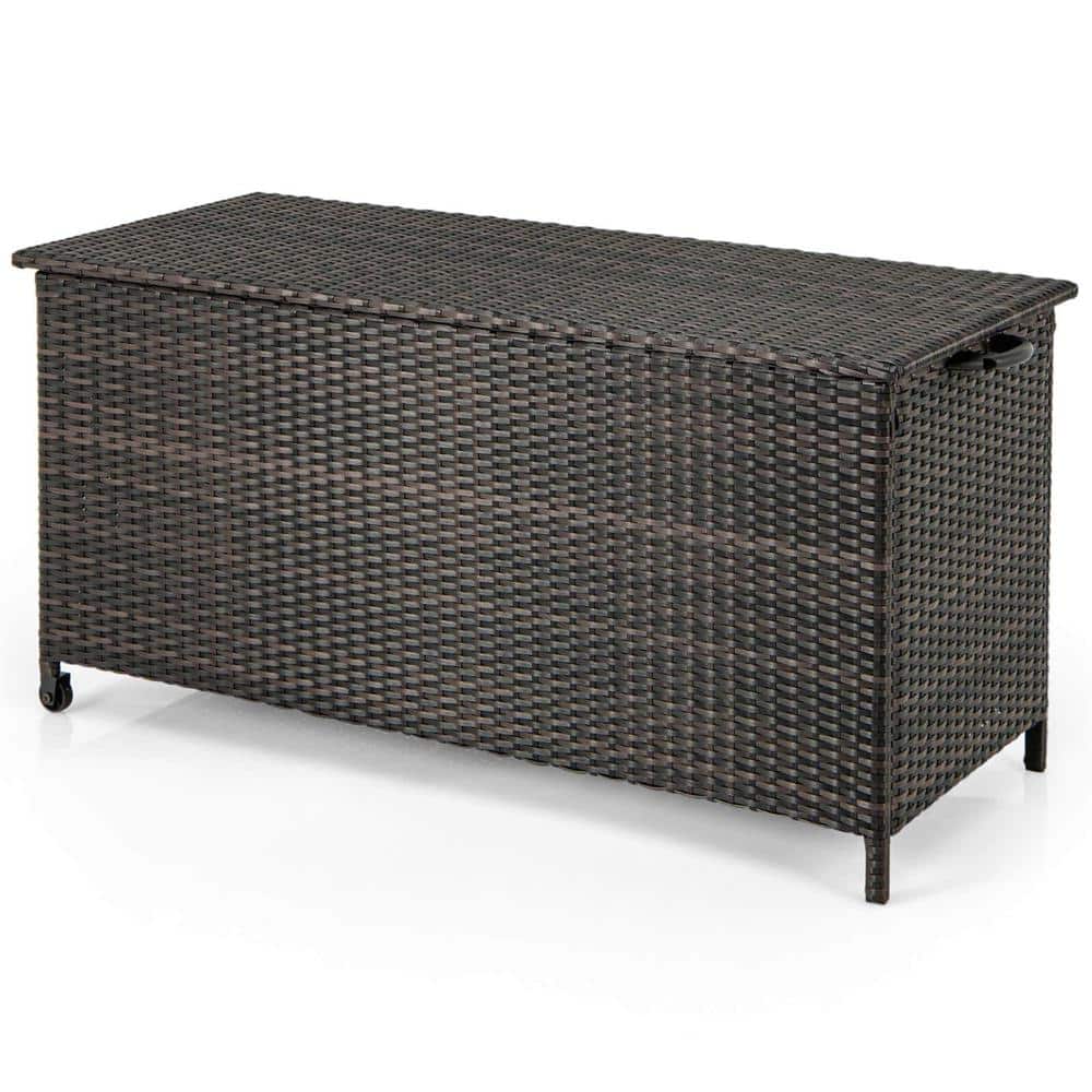 85 Gal. Brown Rattan Deck Box with Waterproof Liner Universal Wheels and Gas Strut - Hercitys