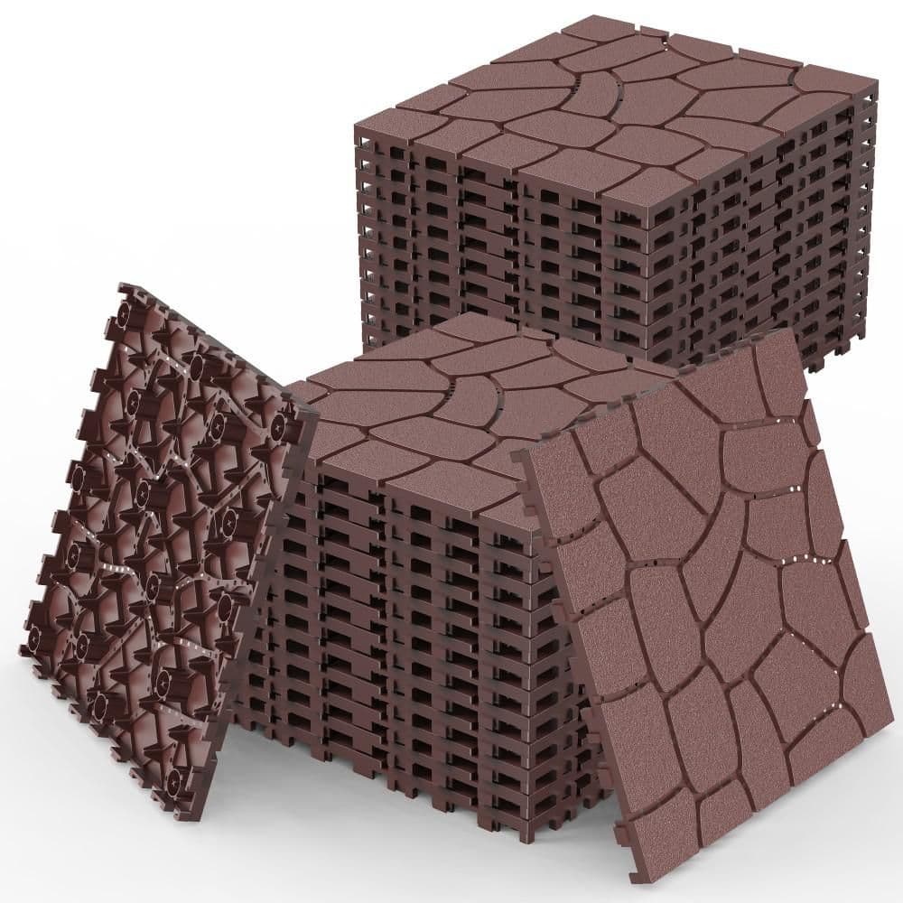 Plastic Garden Floor Pavers 12 in. x 12 in. Patio Deck Tiles 0.8 in. H Interlocking Tile in Brown (44 Per Case) - Hercitys